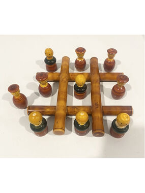 Vintage Hand Painted Wooden Tic Tac Toe Game India Folk Art Peg Dolls